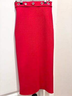 Zara Bright Red High-Waist Pencil Skirt with Grommet Trim